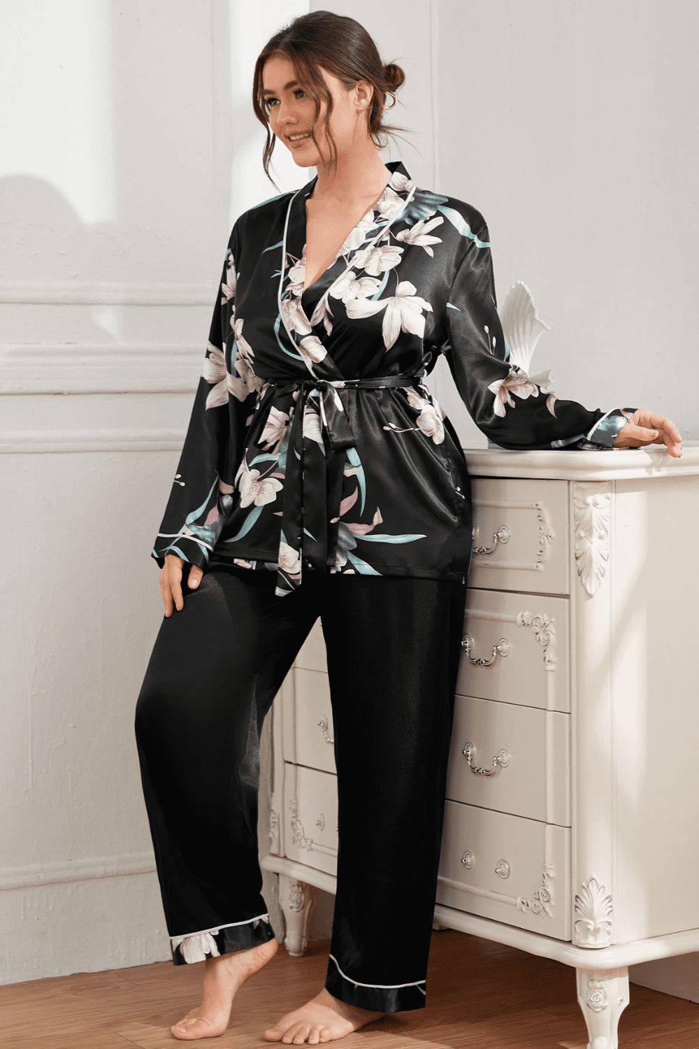 plus size floral belted robe and pants pajama set