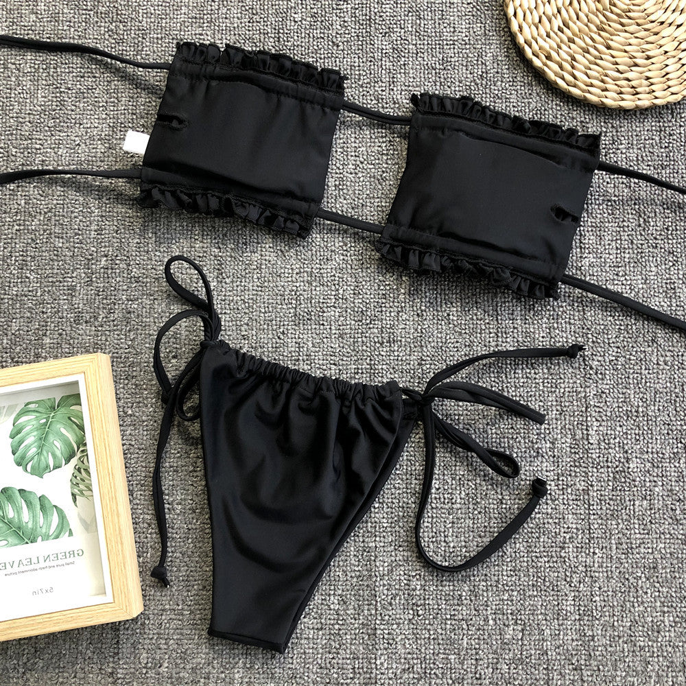 frill trim ruched bikini set