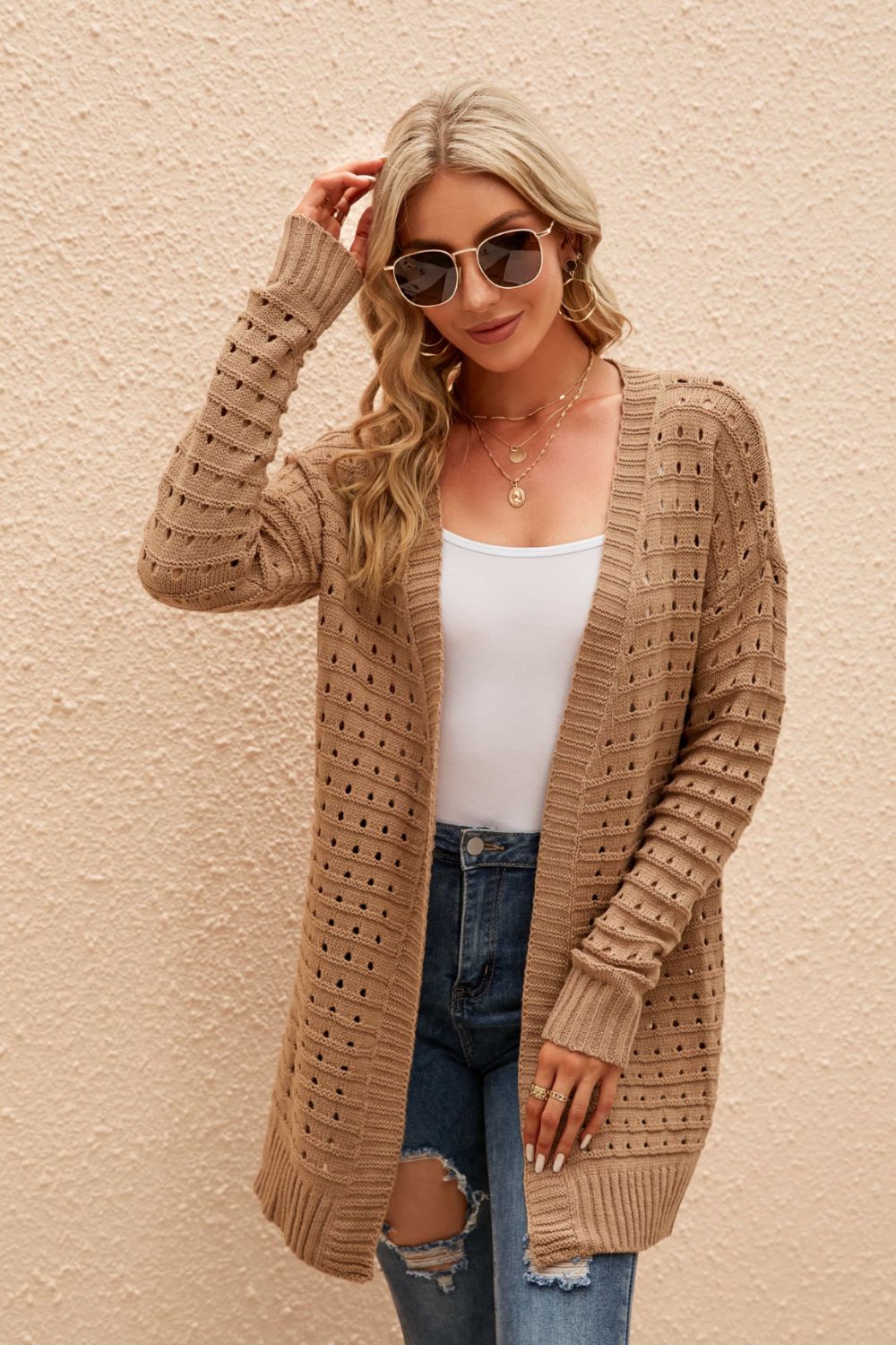 openwork horizontal ribbing open front cardigan