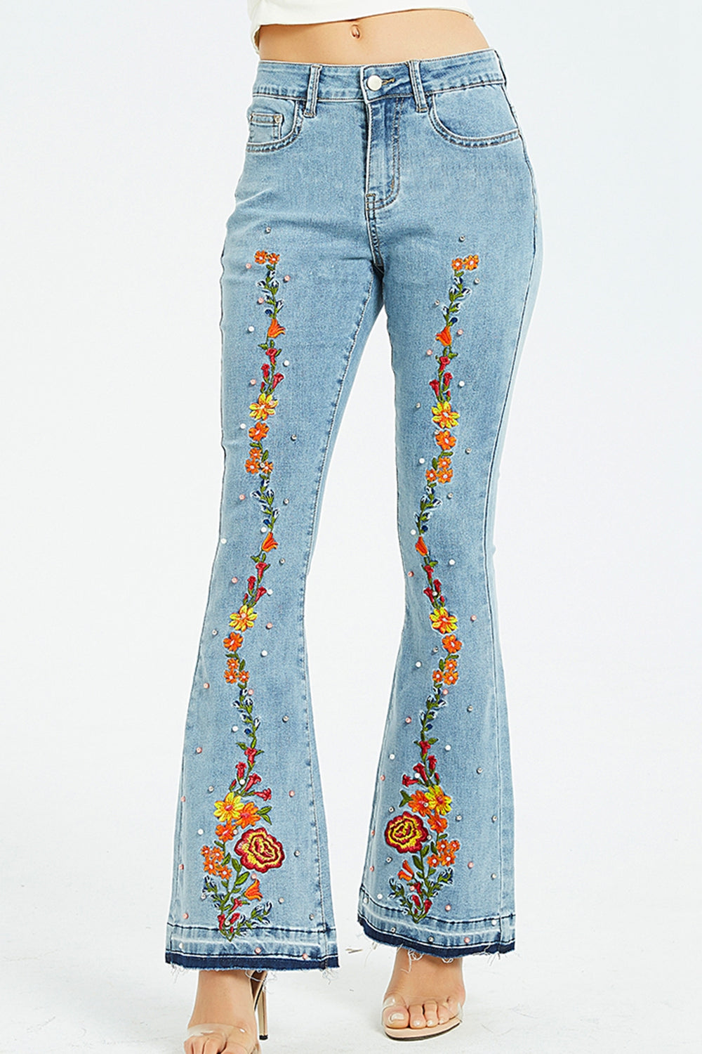 full size flower embroidery wide leg jeans