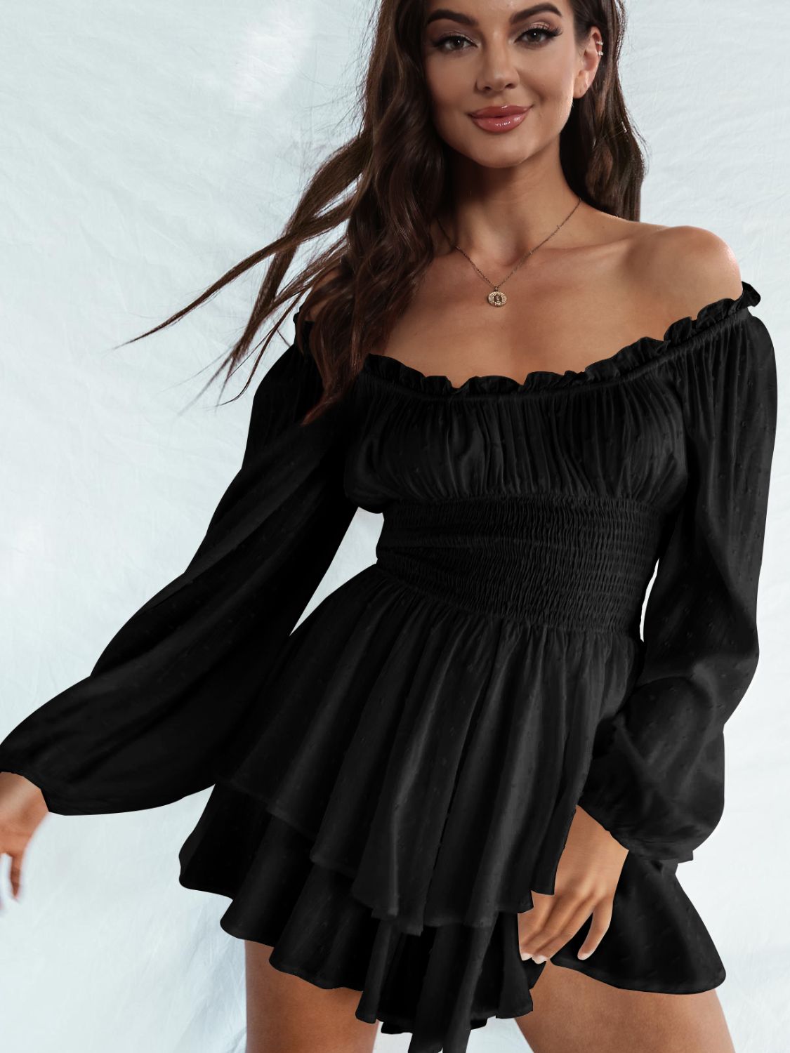 off shoulder smocked waist romper