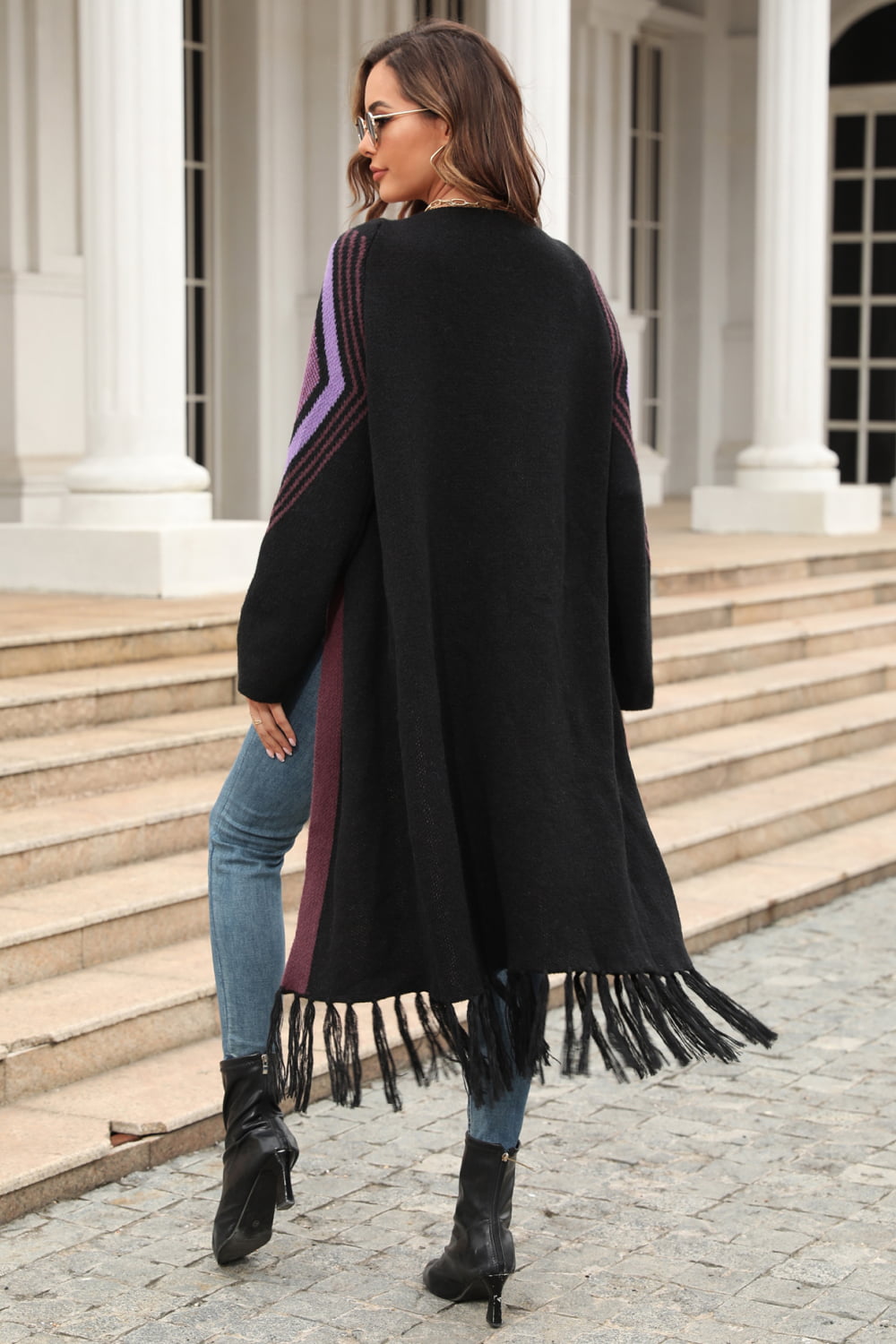 double take geometric fringe hem open front duster cardigan