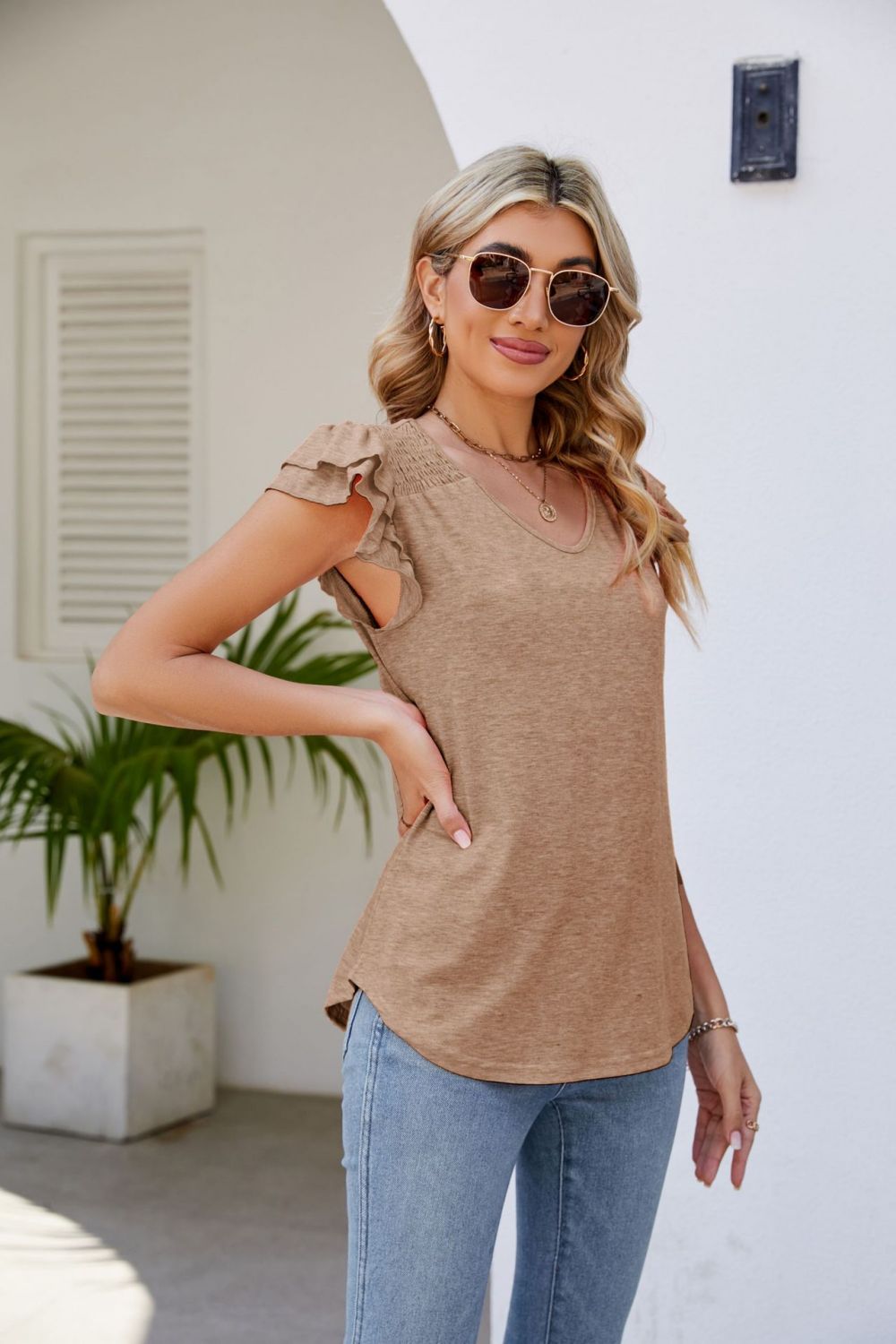 smocked flutter sleeve v-neck top