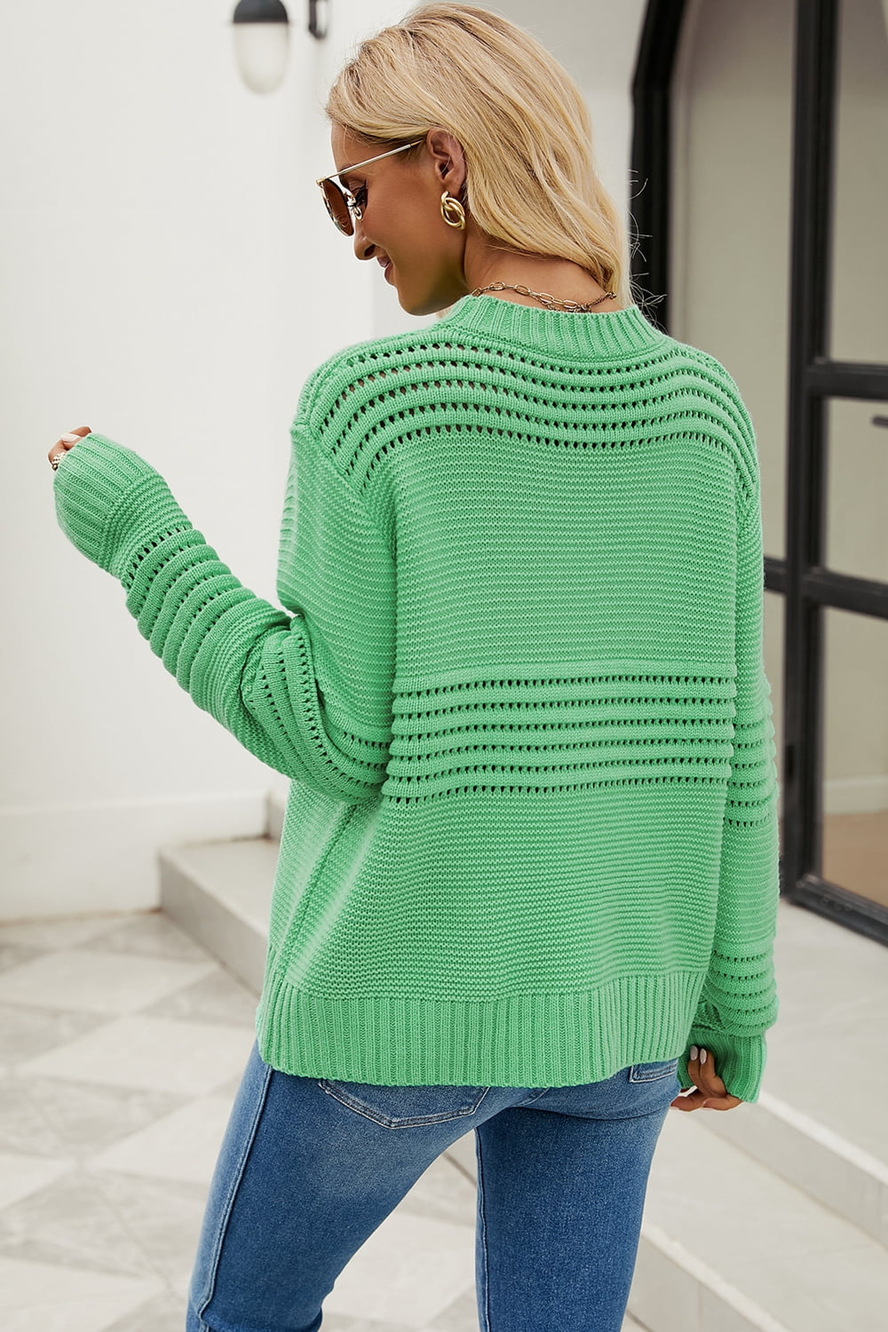 round neck openwork long sleeve pullover sweater