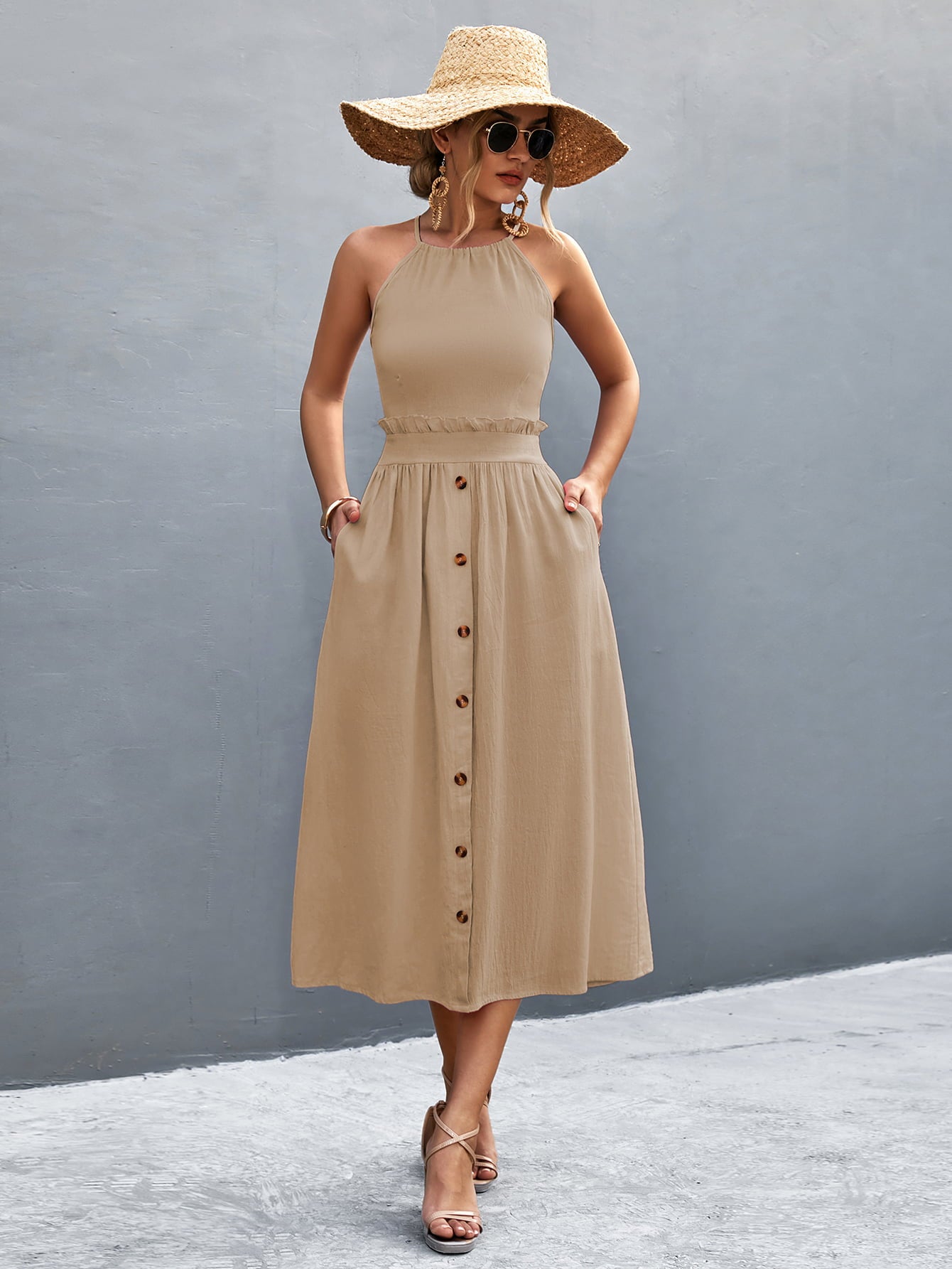 buttoned halter neck frill trim midi dress