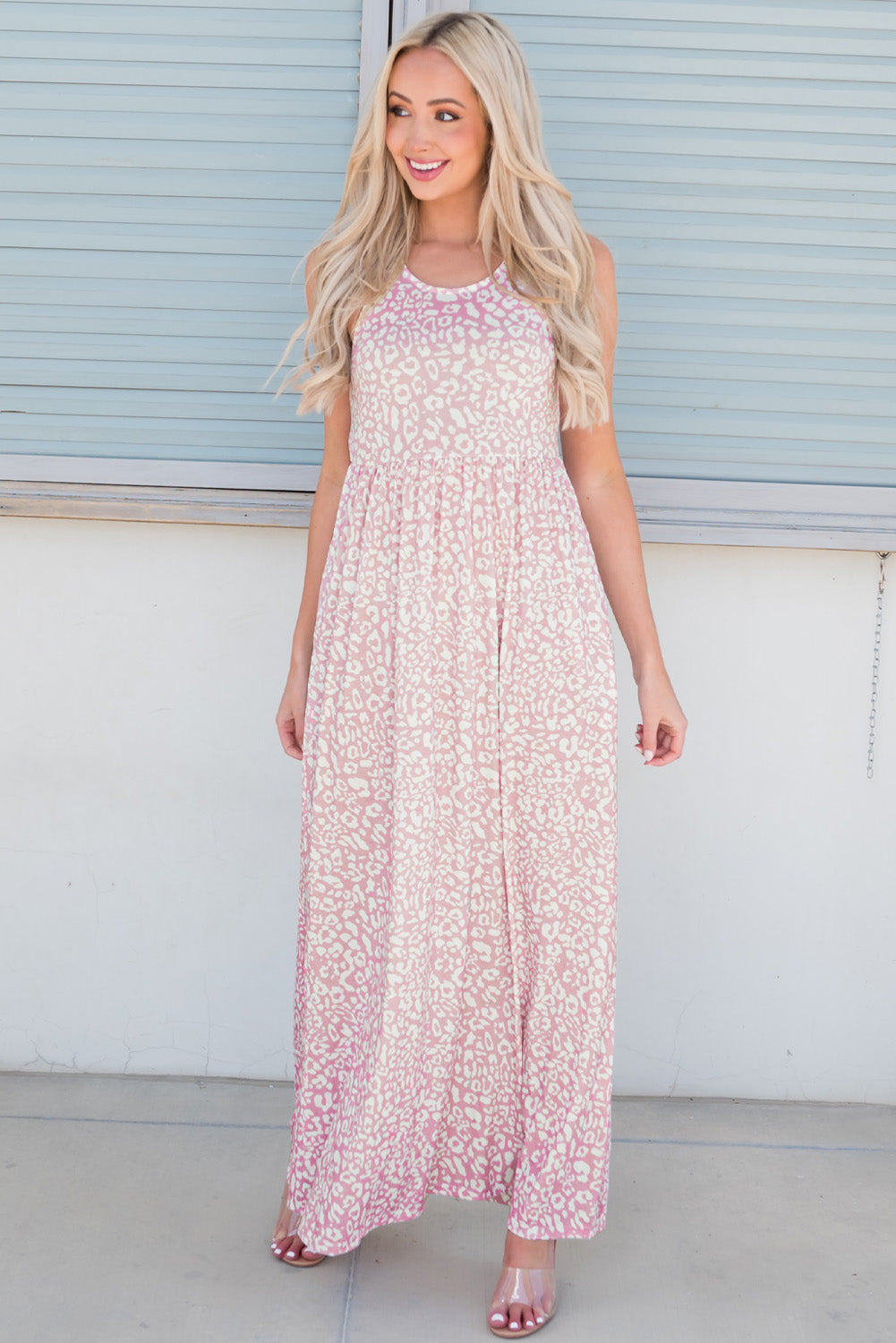 leopard round neck sleeveless maxi dress