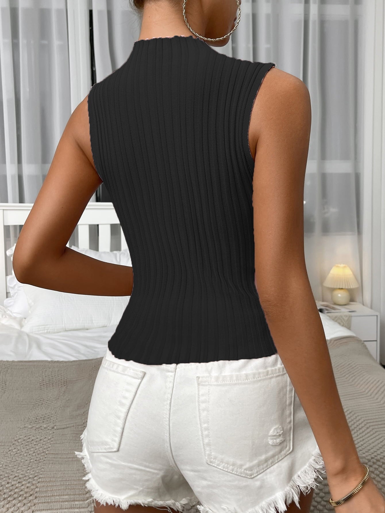 mock neck ribbed knit tank