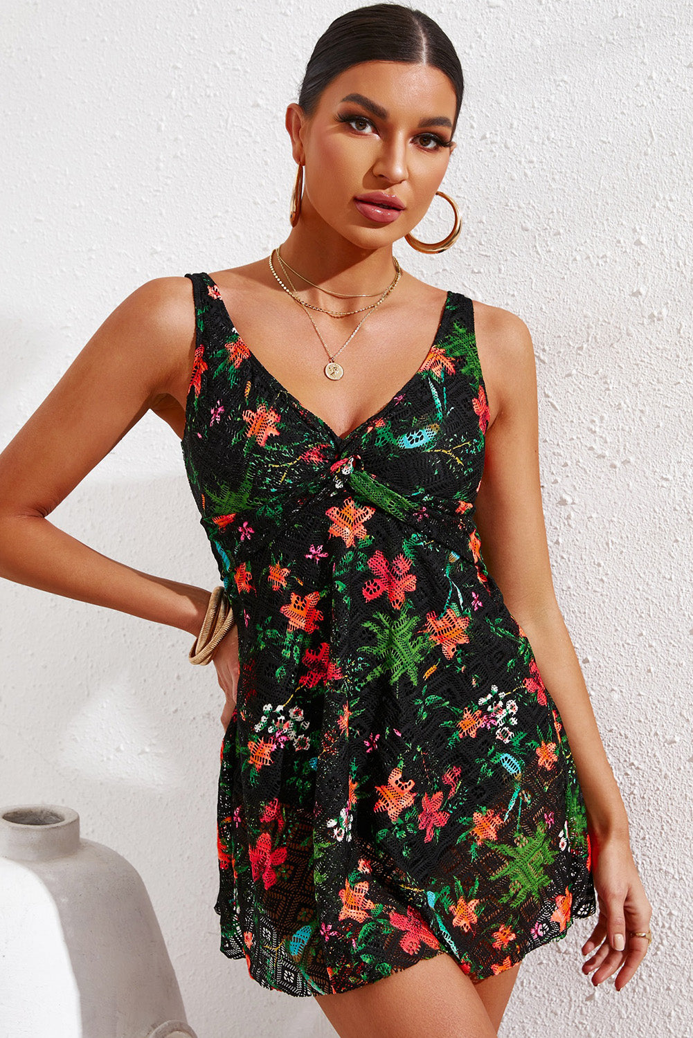 full size twist front sleeveless swim dress