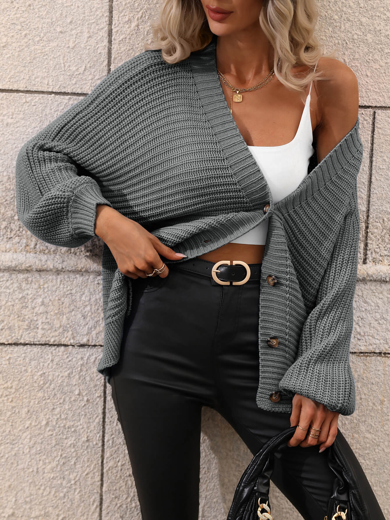 double take button down horizontal-ribbing longline cardigan