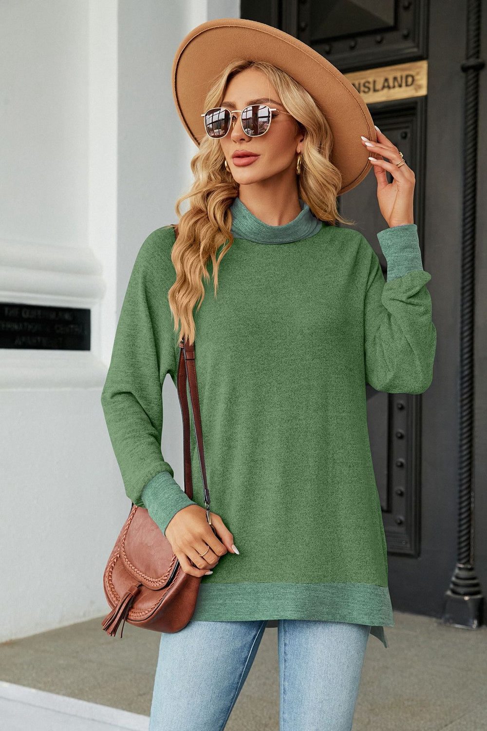 turtle neck long sleeve slit blouse