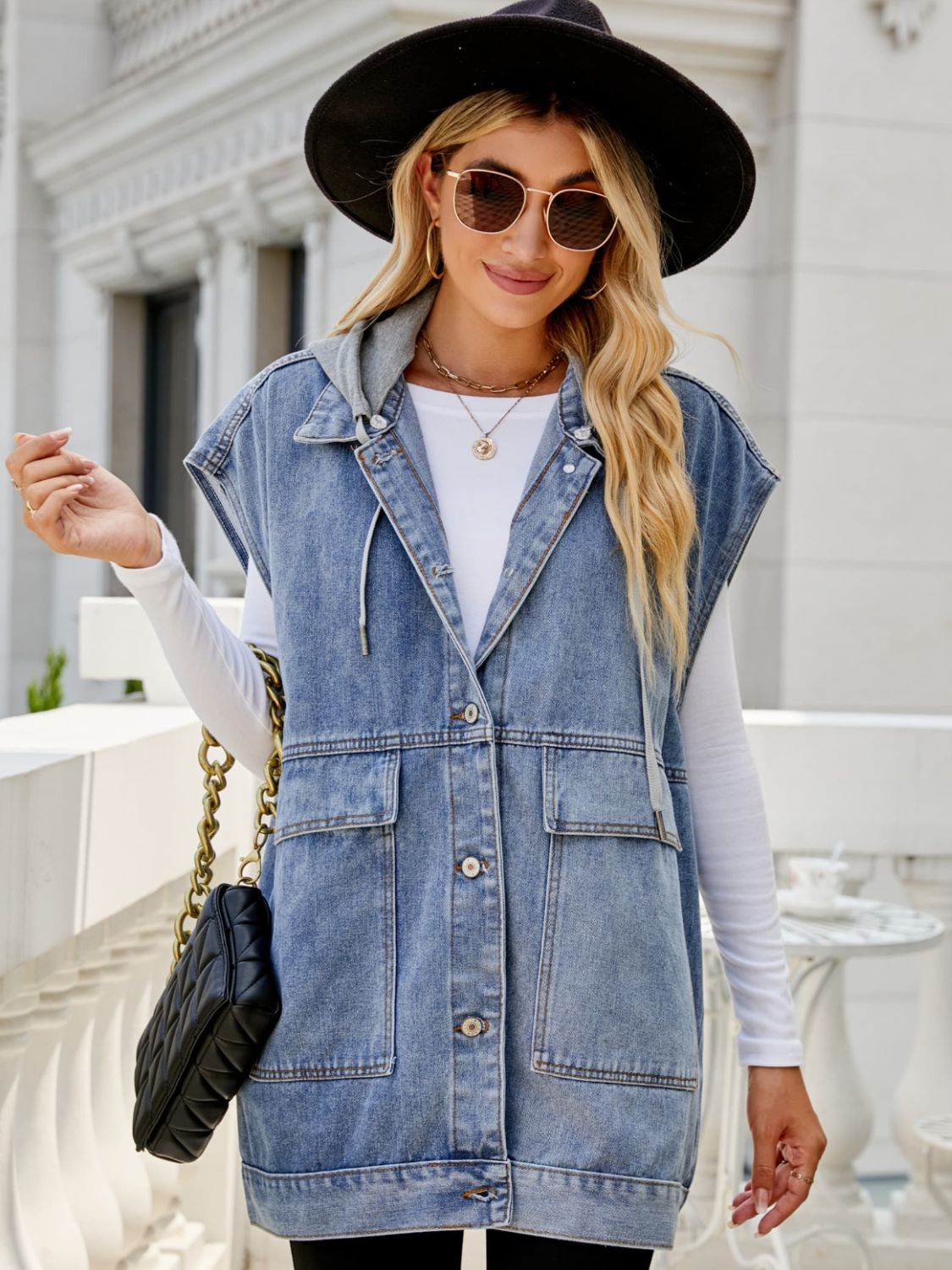 hooded sleeveless denim top with pockets