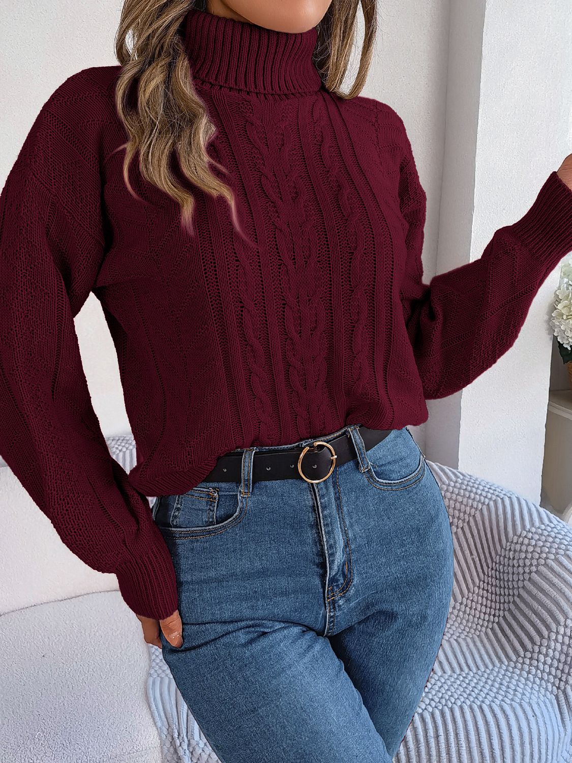 cable-knit turtleneck sweater