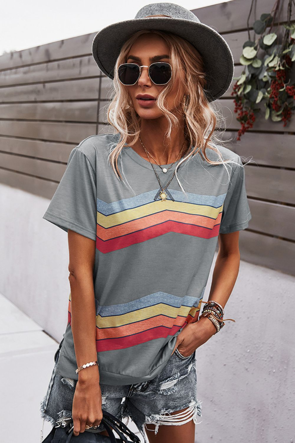 multicolored chevron stripe round neck side slit t-shirt