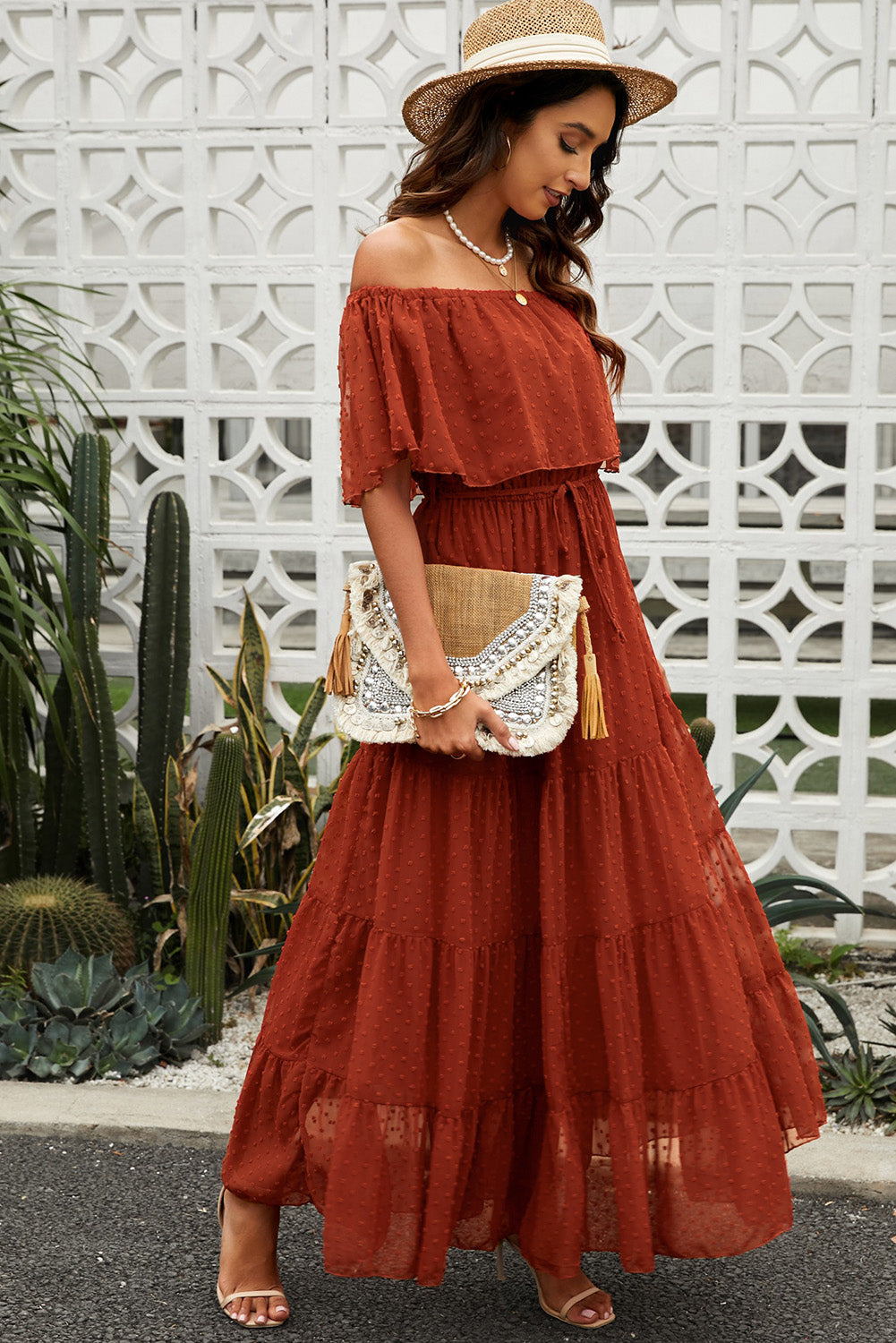 swiss dot off-shoulder tiered maxi dress