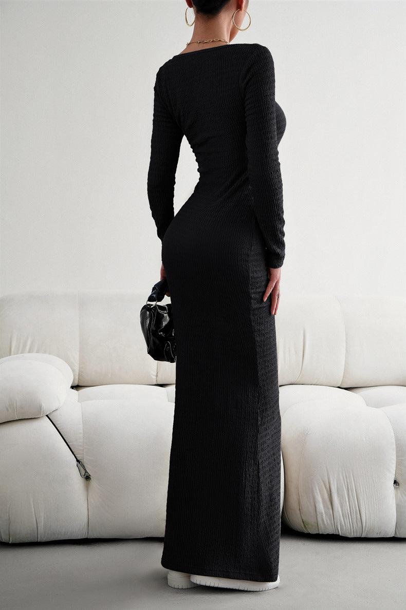 long sleeve square neck maxi bodycon dress