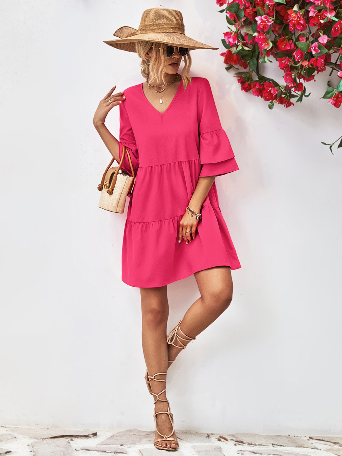 v-neck flare sleeve mini dress