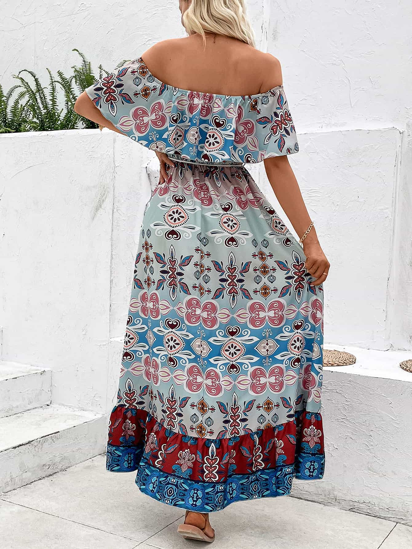 printed off-shoulder slit maxi dress