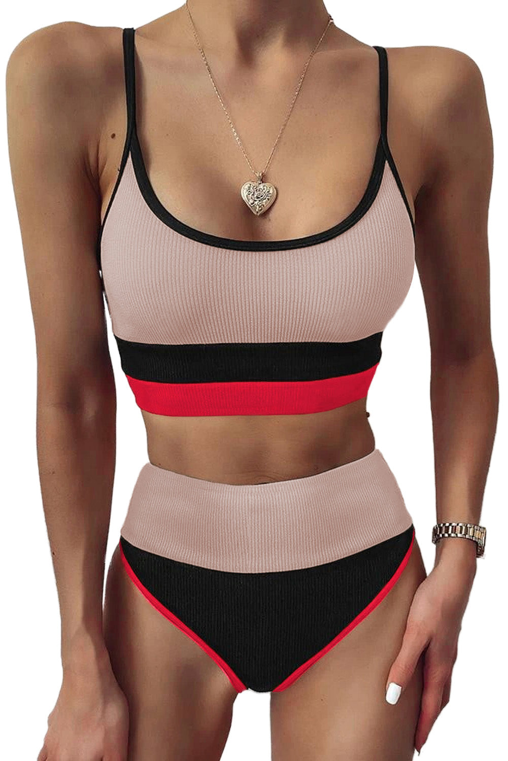 color block spaghetti strap two-piece swim set