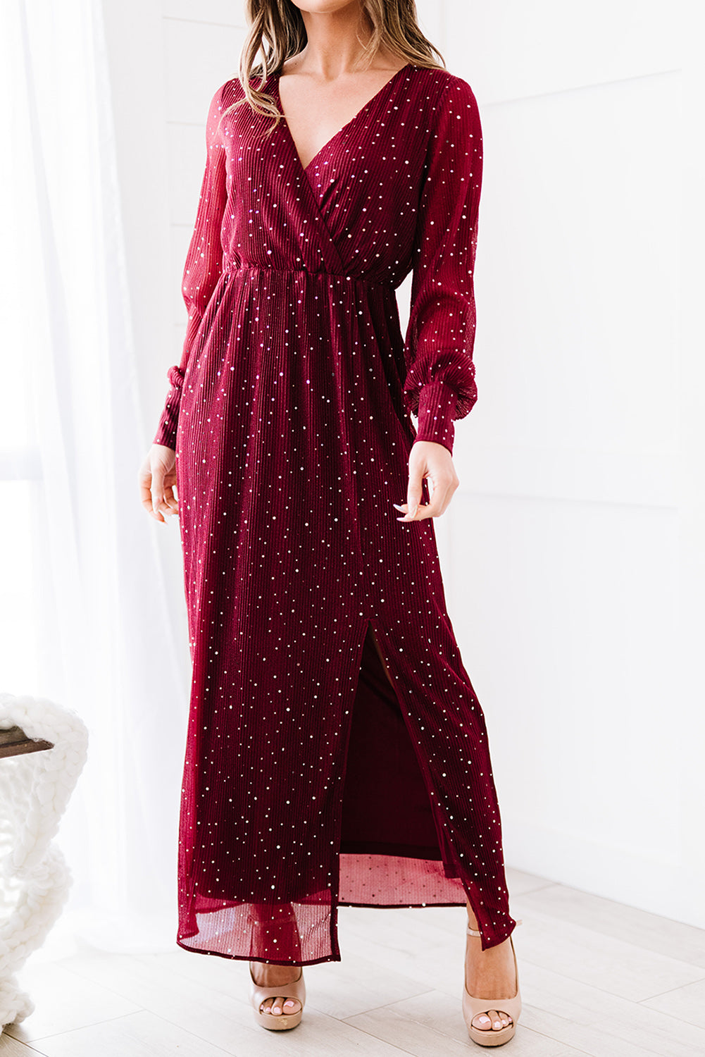 rhinestone surplice split maxi dress