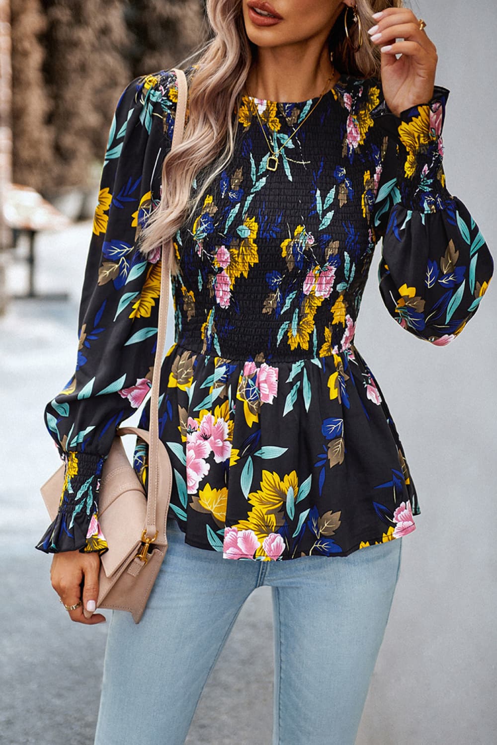 round neck flounce sleeve peplum top