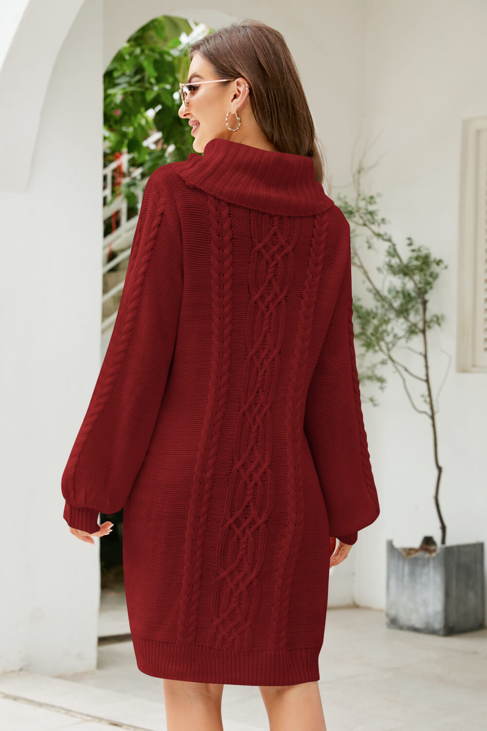 woven right mixed knit turtleneck lantern sleeve sweater dress