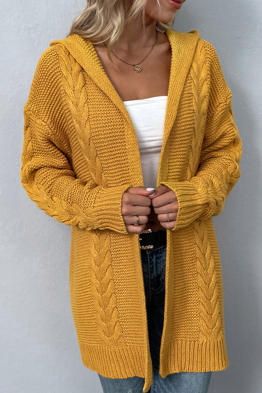 cable-knit dropped shoulder hooded cardigan