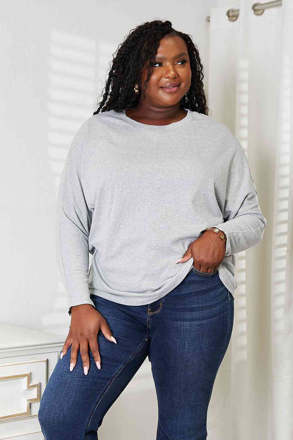 double take seam detail round neck long sleeve top