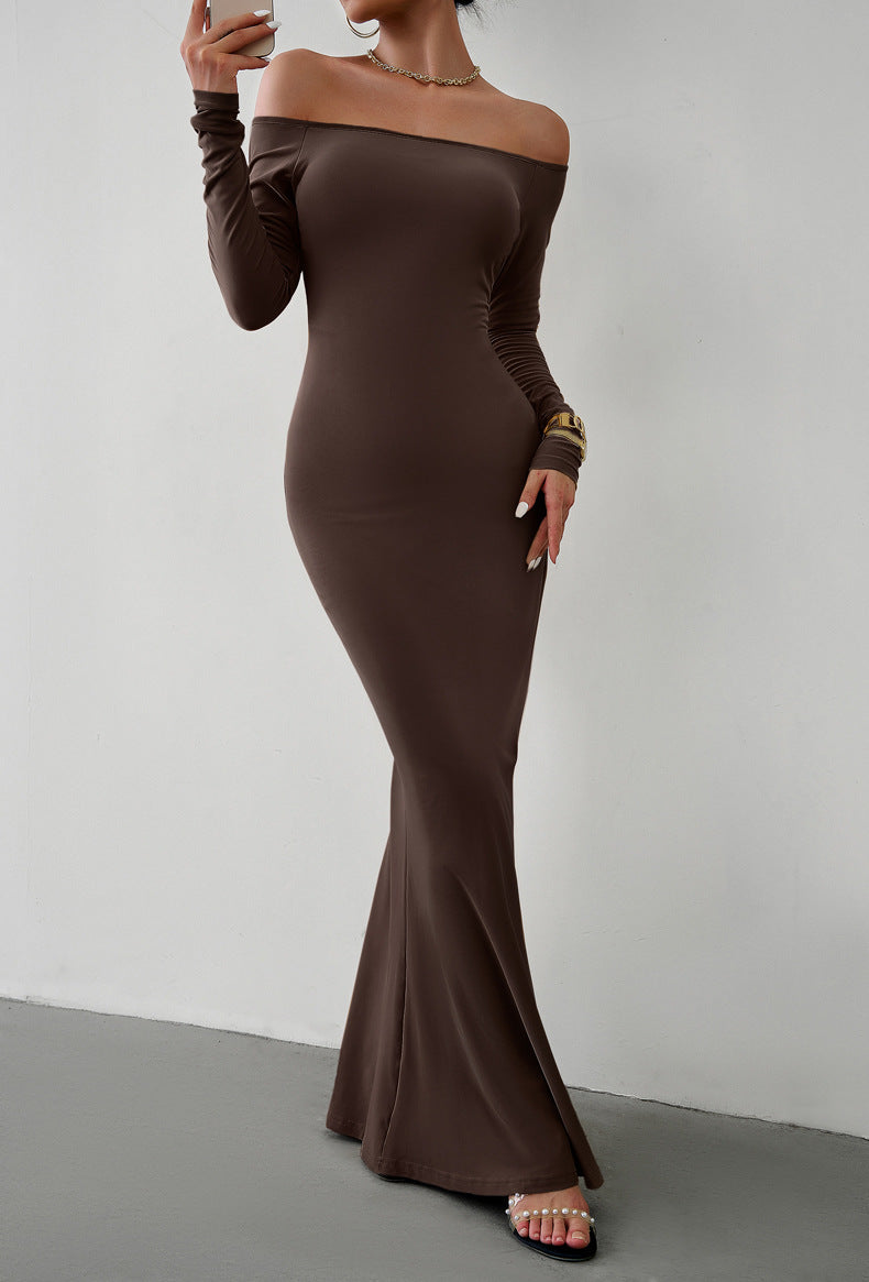 off-shoulder long sleeve maxi dress