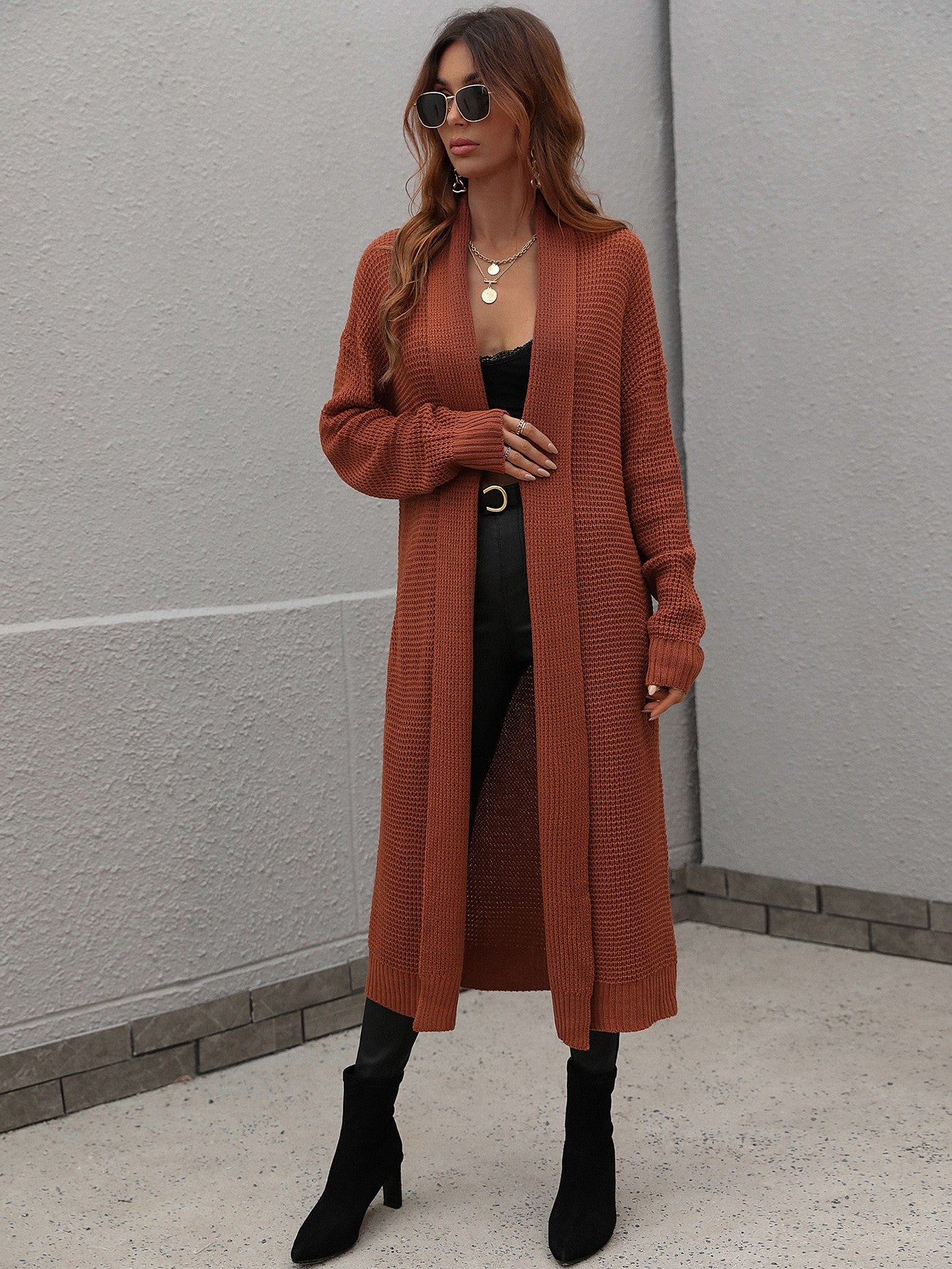 double take waffle knit open front duster cardigan with pockets