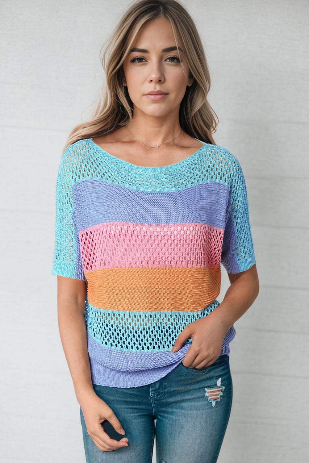 color block openwork round neck pullover sweater