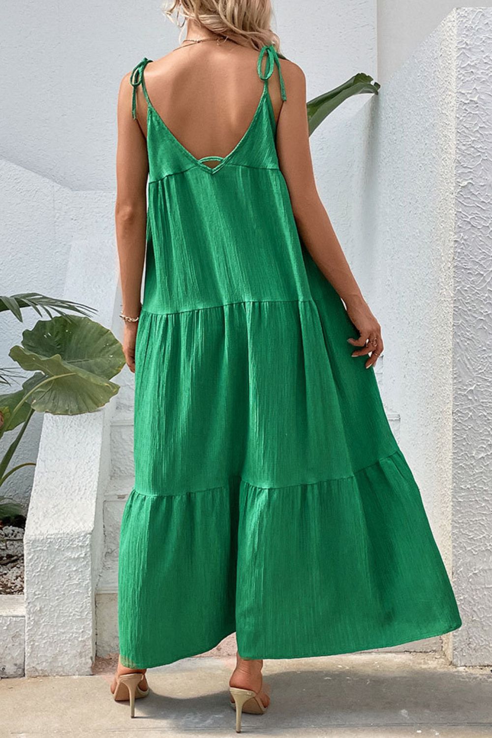 tie-shoulder tiered maxi dress