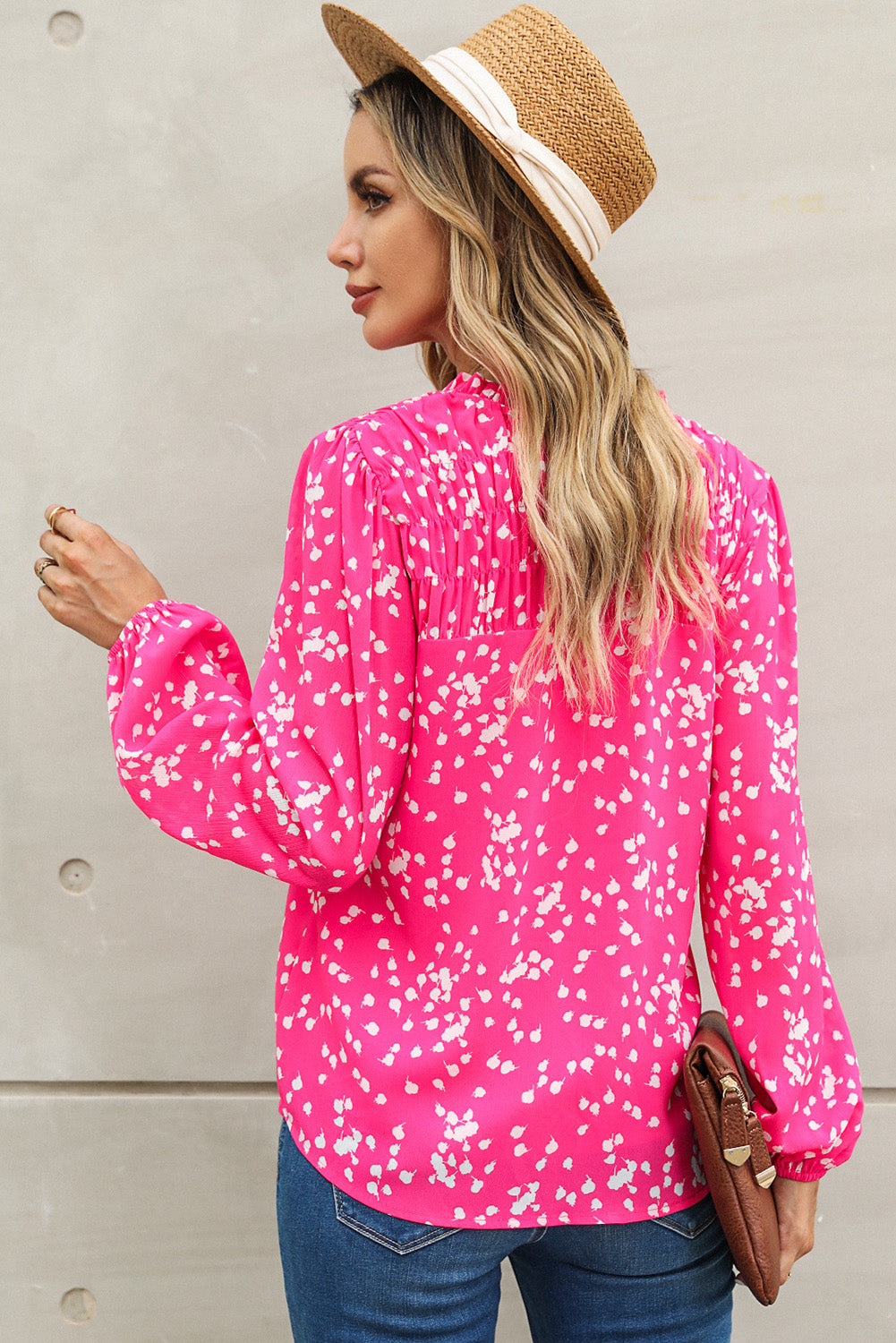 double take printed notched neck smocked blouse