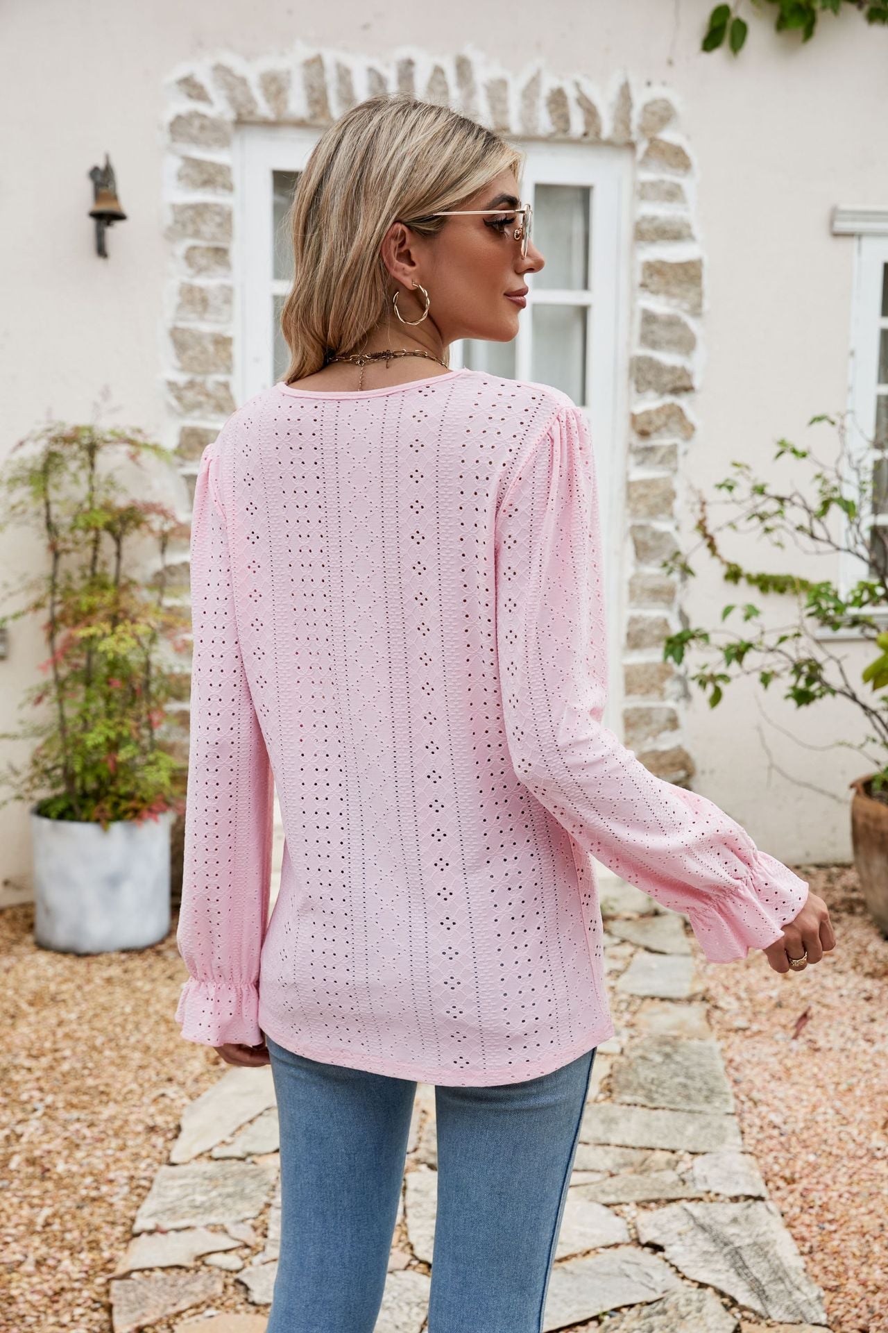 eyelet lace trim flounce sleeve blouse