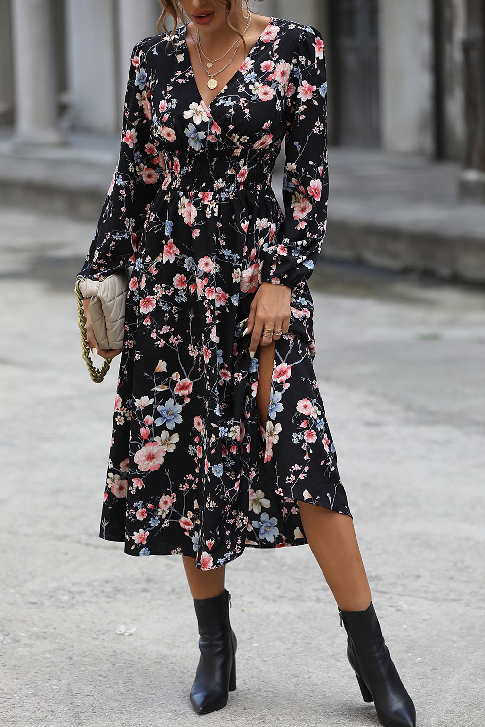 floral long sleeve surplice neck dress