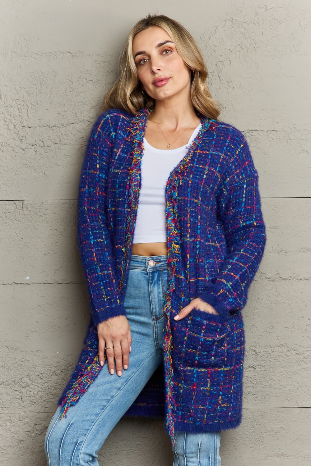 plaid fringe trim open front longline cardigan