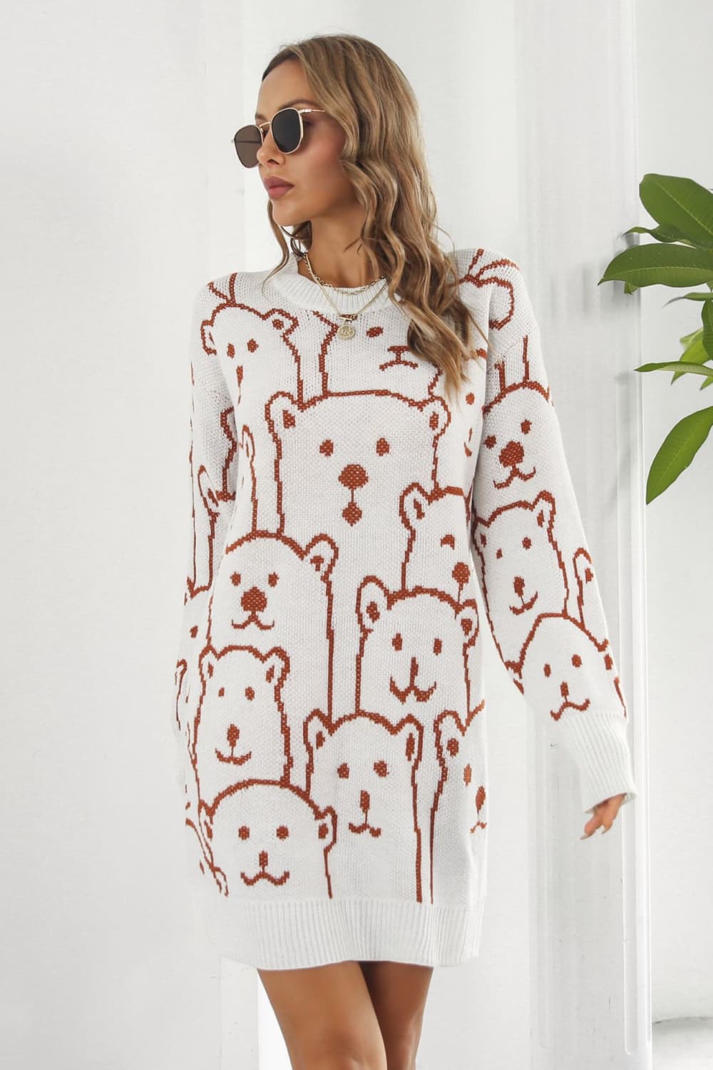 bear pattern round neck sweater dress