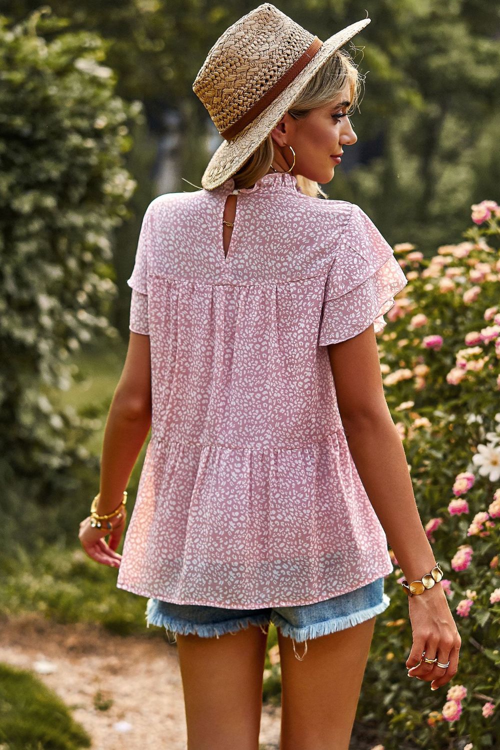 round neck flutter sleeve peplum blouse