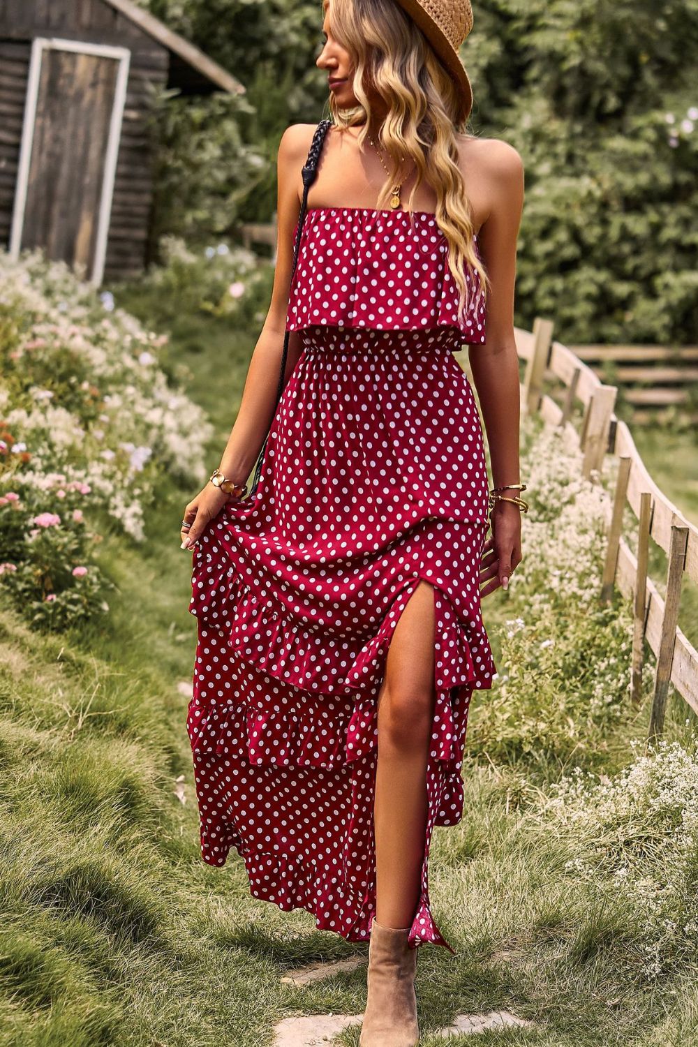 polka dot strapless slit ruffled maxi dress