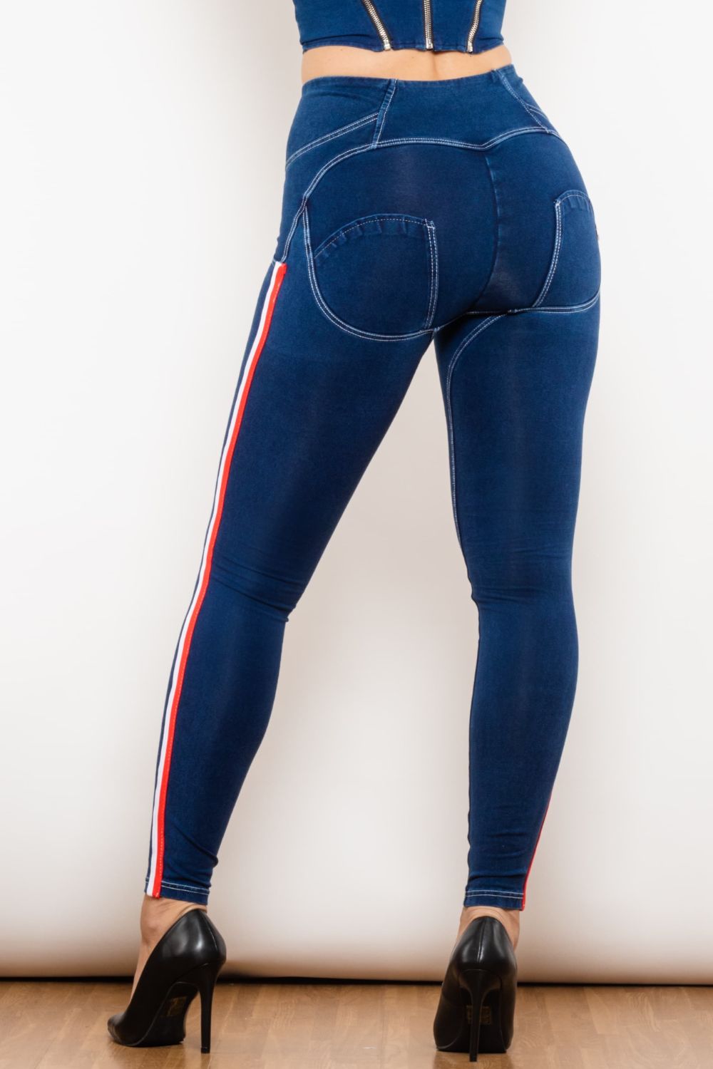 side stripe buttoned high waist skinny jeans