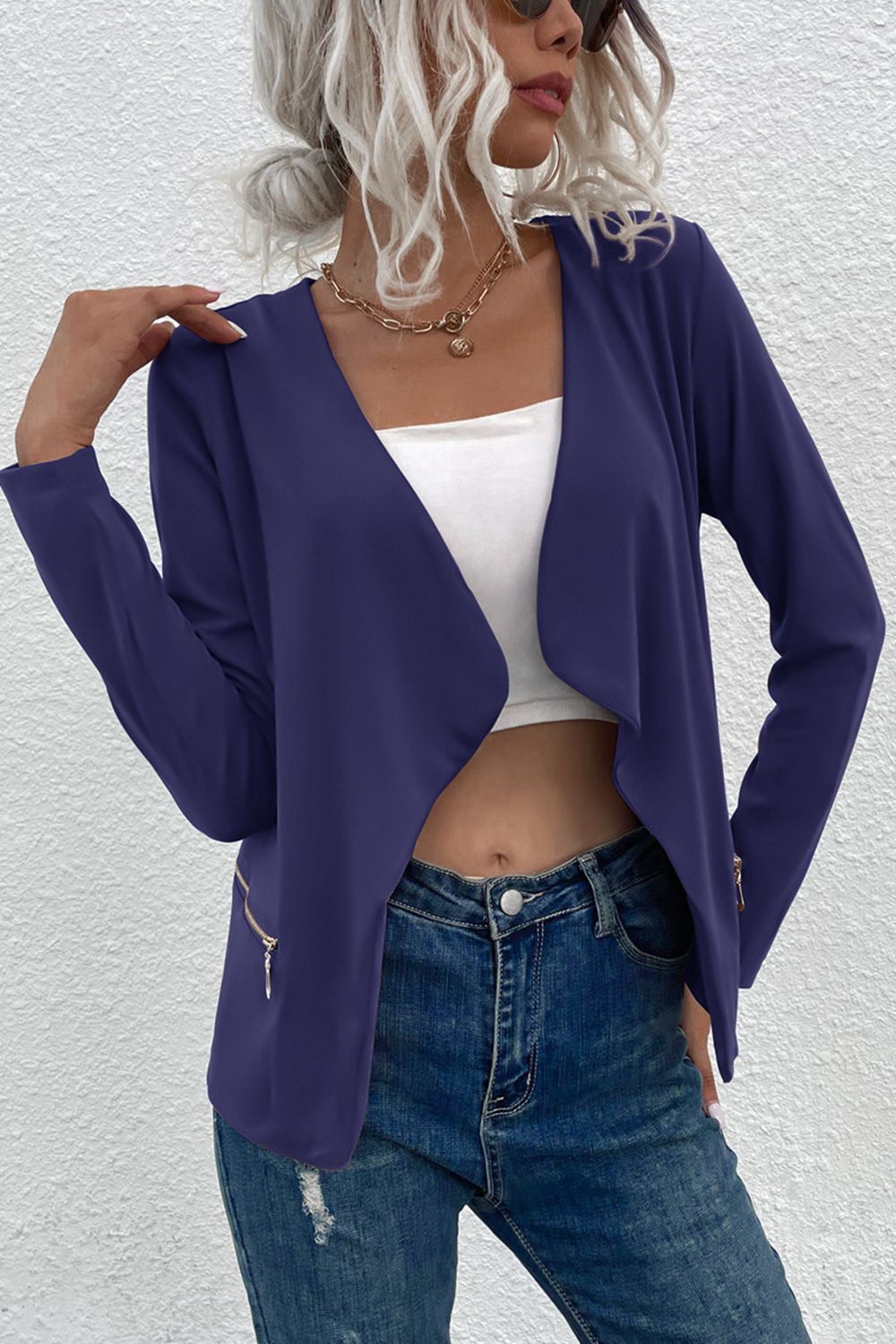 open front zipper pocket cardigan