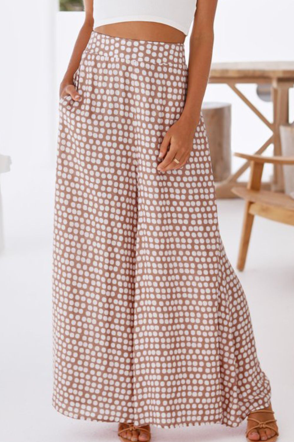 double take polka dot high waist wide leg pants with pockets