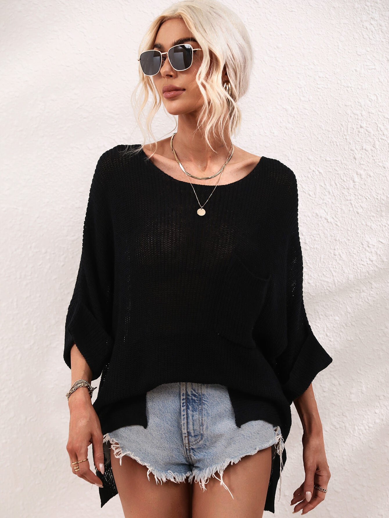 boat neck cuffed sleeve slit tunic knit top