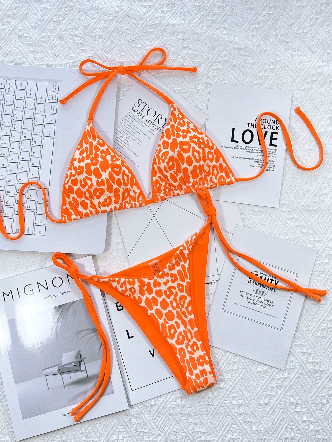 leopard print halter neck tie side bikini set