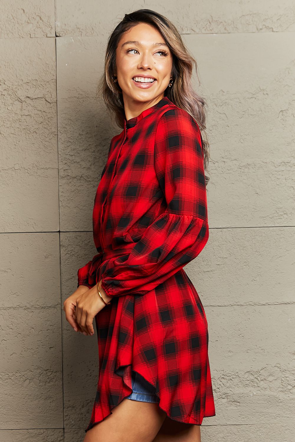 plaid tie waist balloon sleeve mini dress