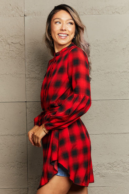 Plaid Tie Waist Balloon Sleeve Mini Dress