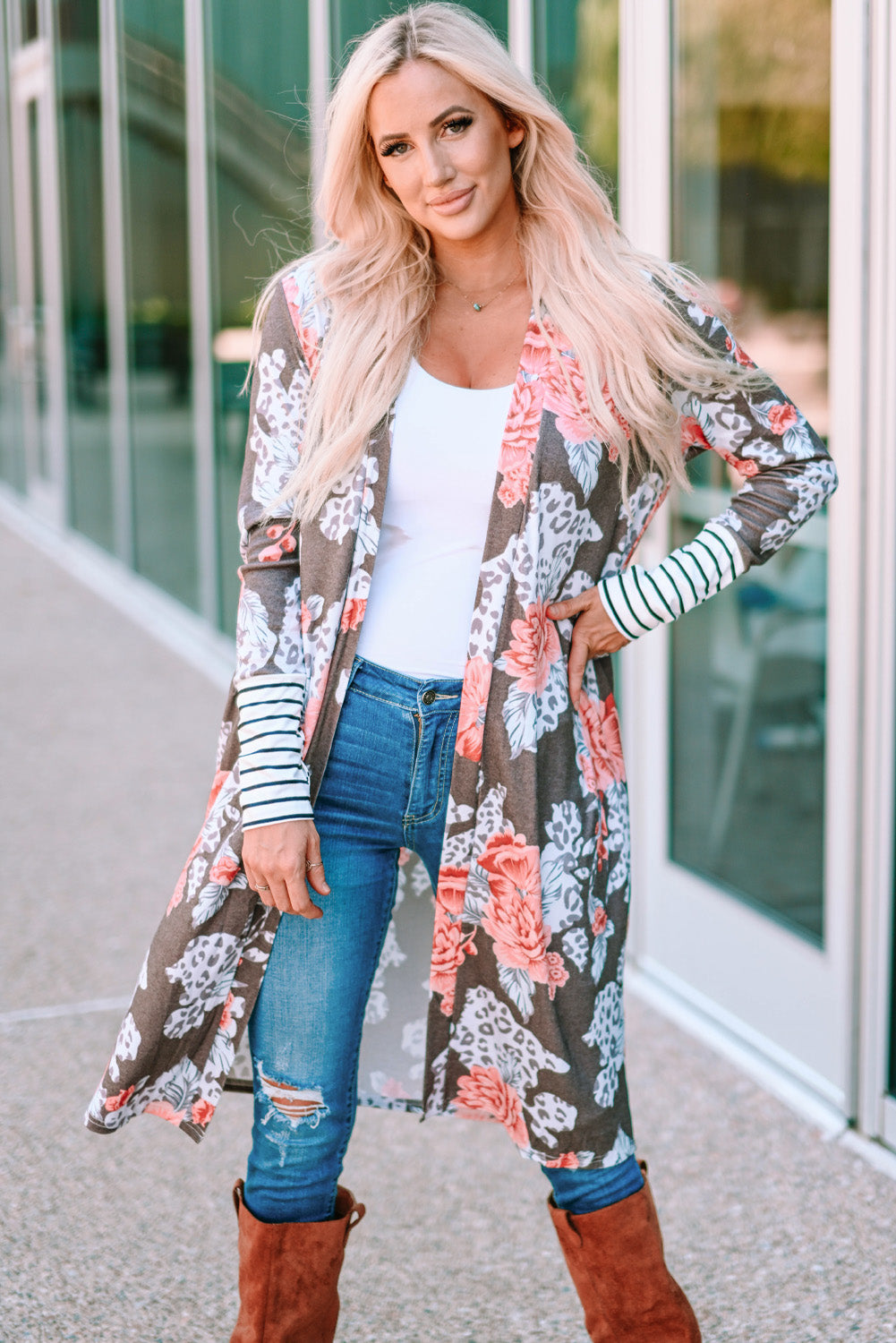 stripe detail sleeve floral print cardigan