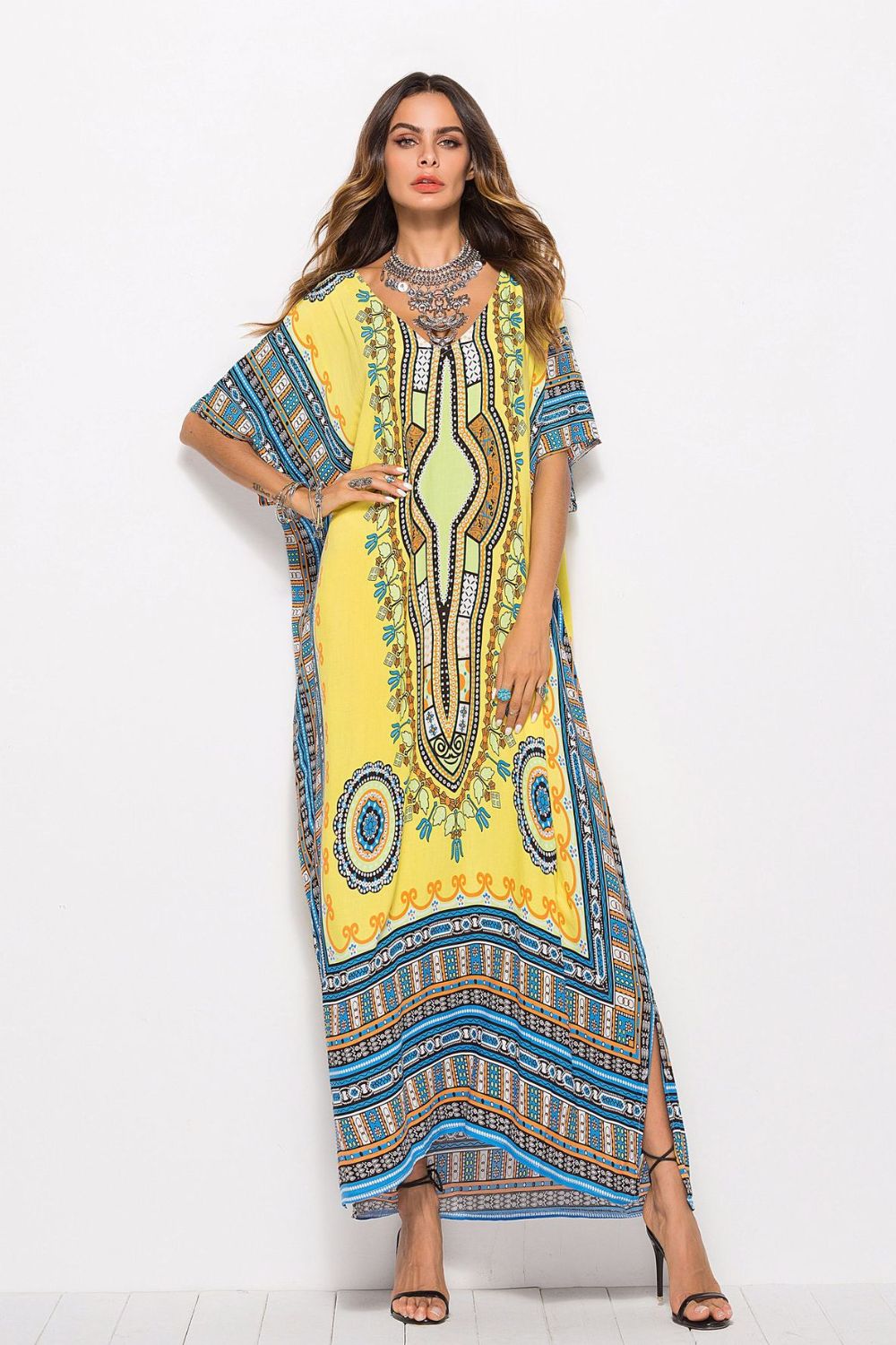 printed v-neck side slit maxi dress