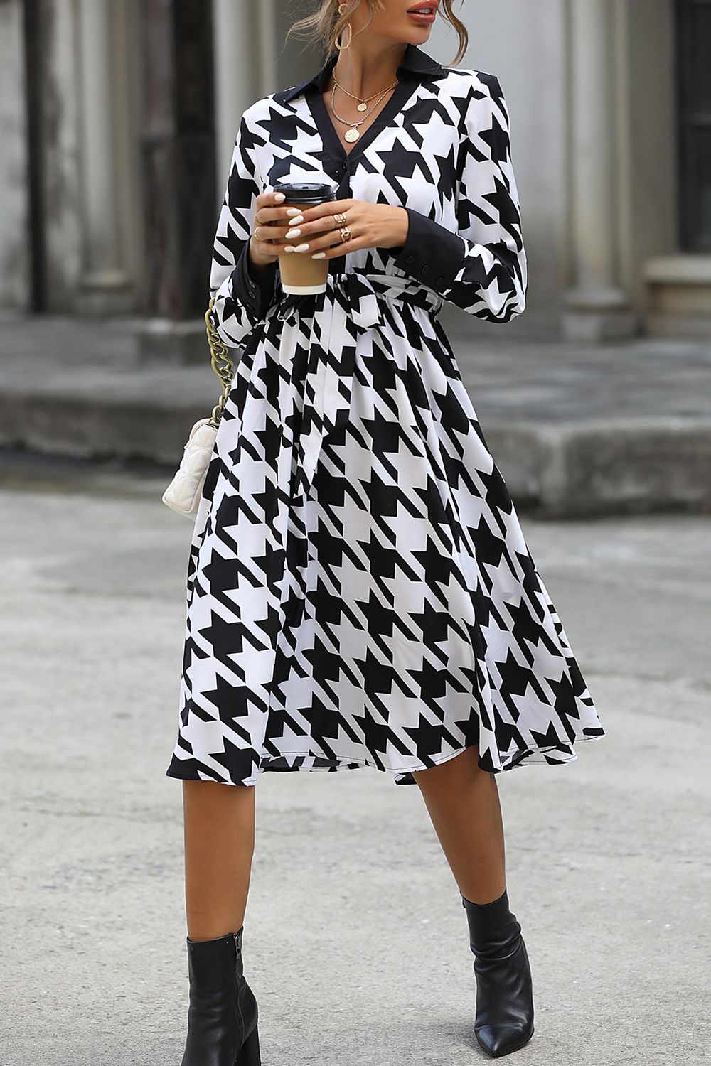 houndstooth johnny collar tie waist dress