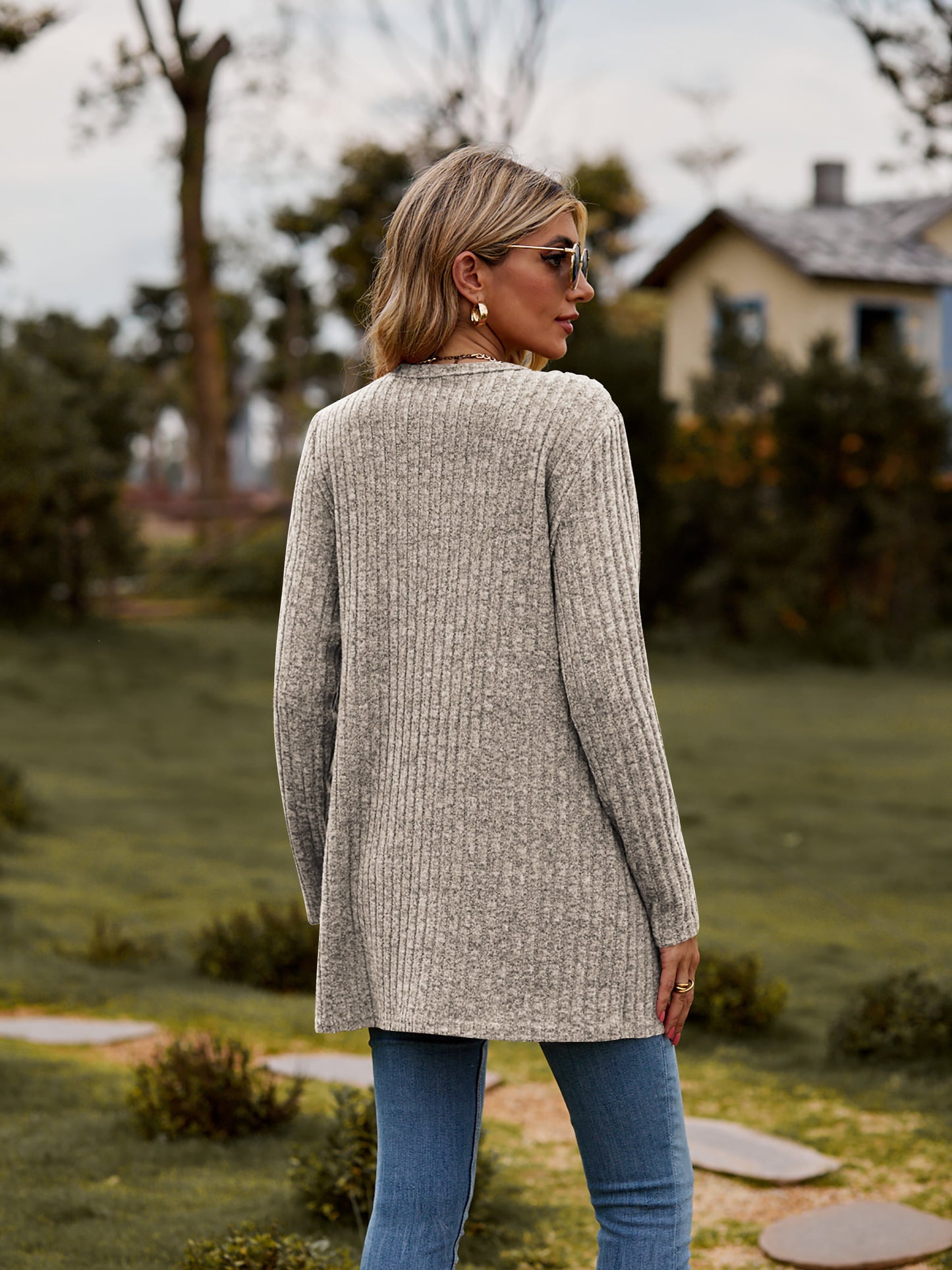ribbed button-up cardigan with pockets