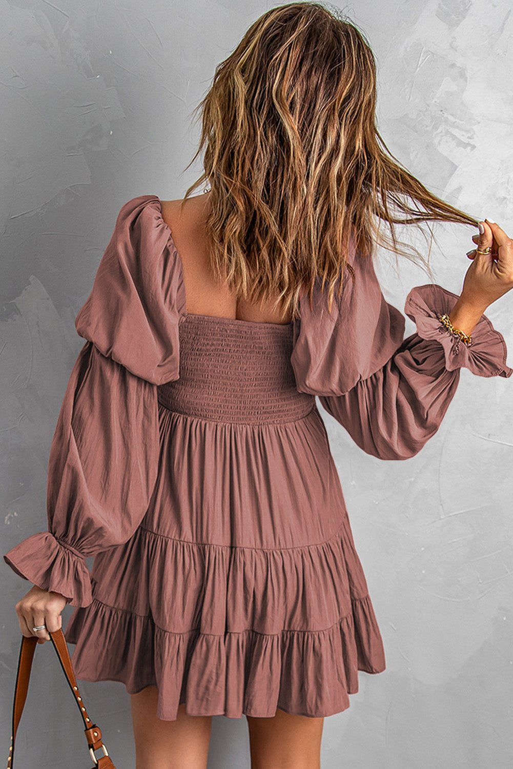 smocked off-shoulder tiered mini dress